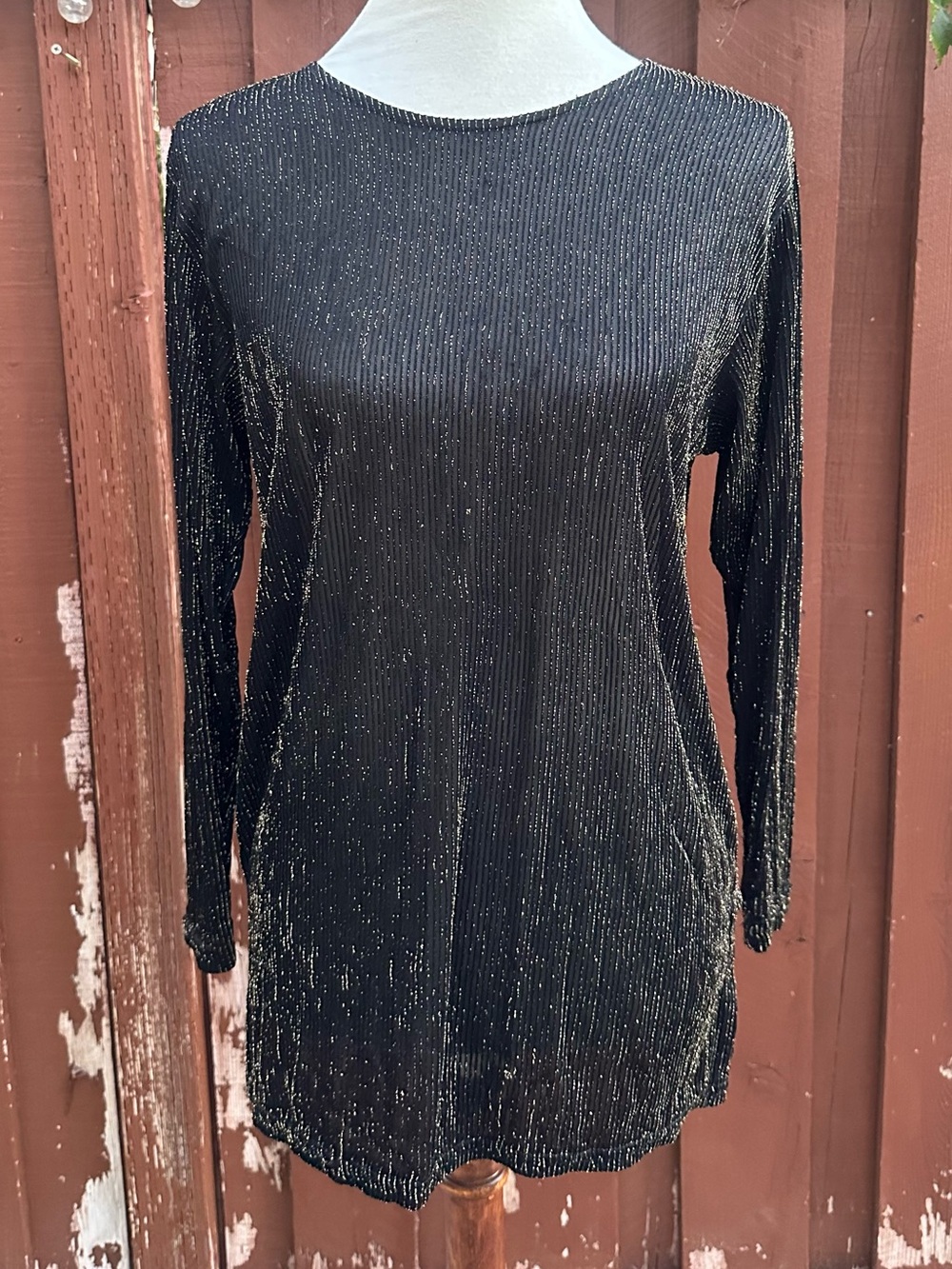 Black Metallic Ribbed Long-Sleeve Tee